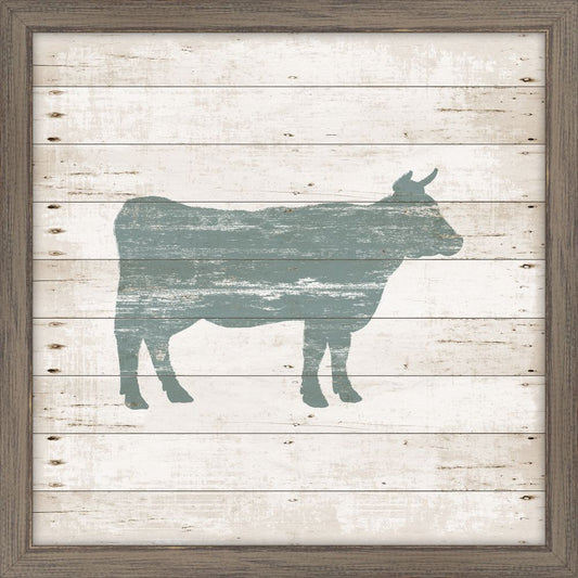 Cow In Blue Stamped On White Wood