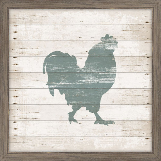 Rooster In Blue Stamped On White Wood