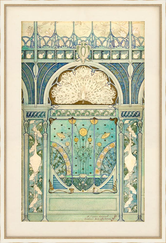 Design for a Wall Decoration with Peacock, Cranes, and Sunflowers, 1896–98 - Emile Hurtre