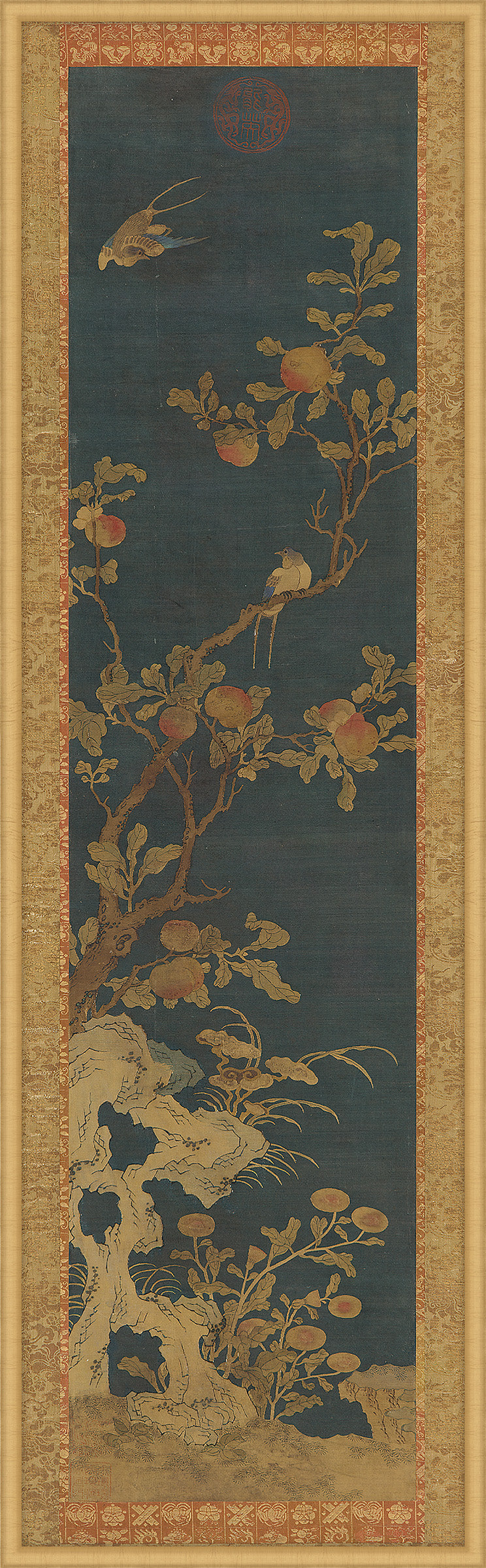 Tapesty of Birds, Peach Tree, Rocks, and Flowers I