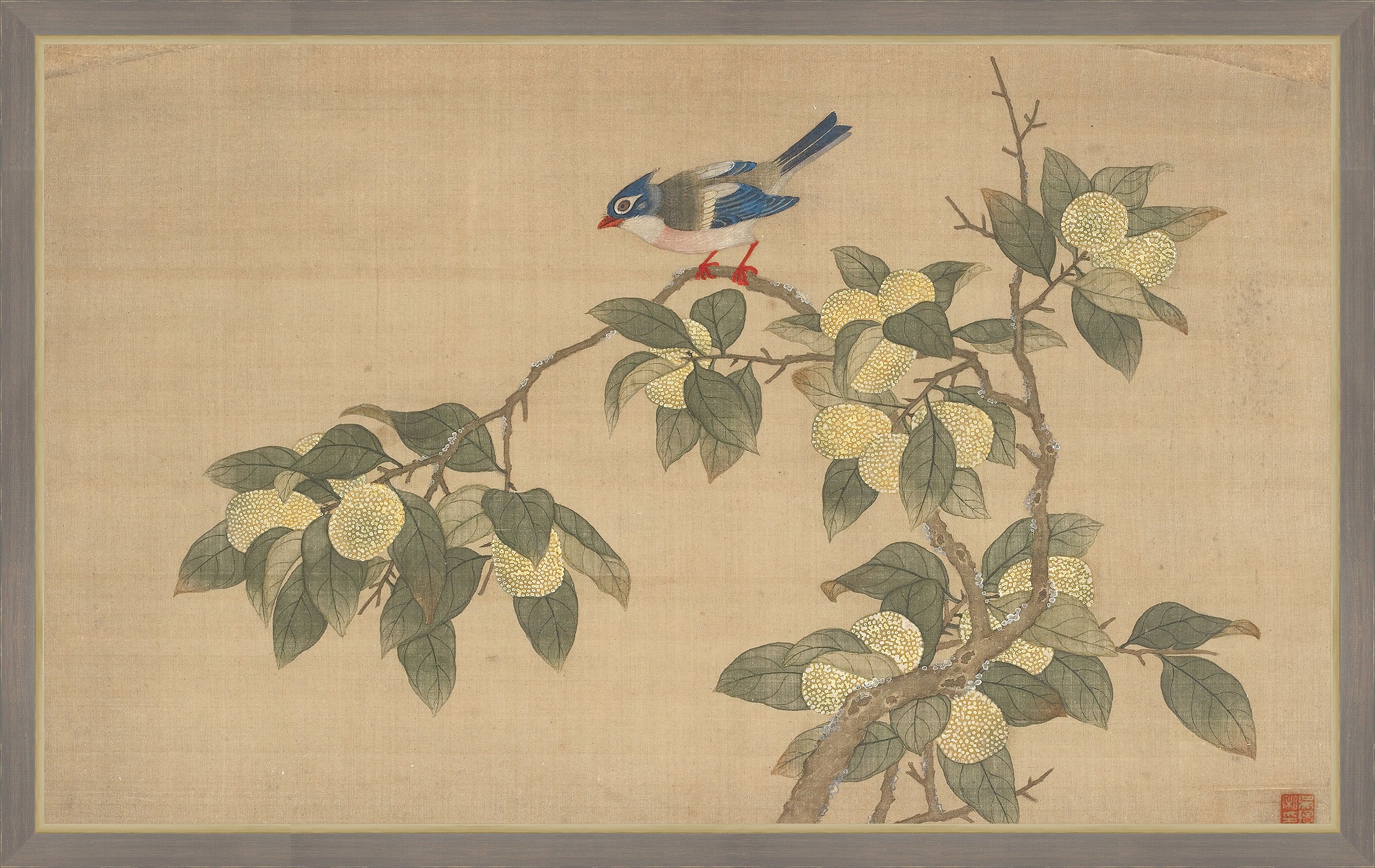 Birds and Fruit on Printed Silk III, Wu Zhang, 1671