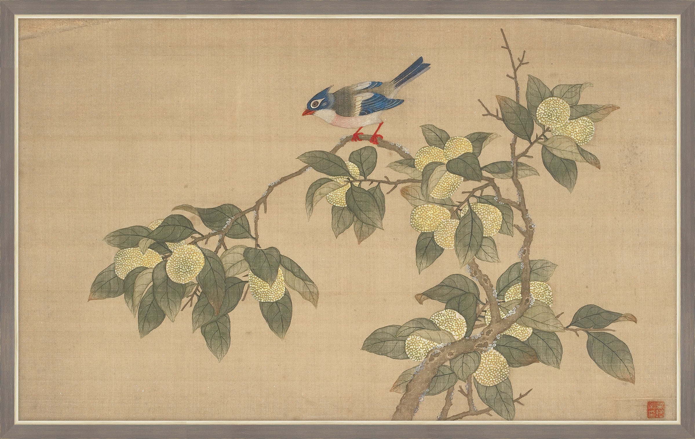 Birds and Fruit on Printed Silk III, Wu Zhang, 1671