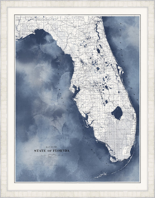 Florida map in Blue Water with Pearl Frame