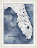 Florida map in Blue Water with Pearl Frame