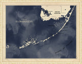 Map of Florida Keys in Grande Dark Navy Water with Gold Pearl Frame