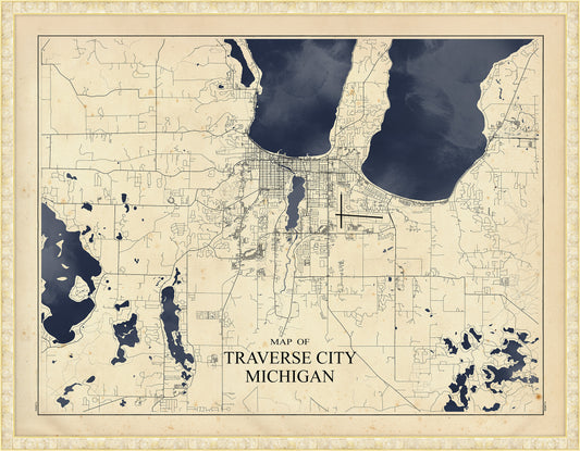 Map of Traverse City Grande Michigan in Dark Navy Water with Gold Pearl Frame