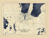 Map of Traverse City Grande Michigan in Dark Navy Water with Gold Pearl Frame