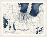 Map of Traverse City Grande Michigan with Blue Water with Silver  Pearl Frame