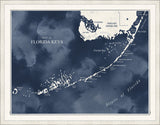 Map of Florida Keys in Grande Blue  Water with Silver Pearl Frame