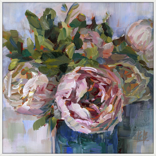 Large Pink Flower Green Leaves II on Canvas