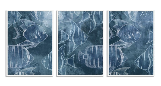 Swimming Fish in Deep Sea Blue Triptych