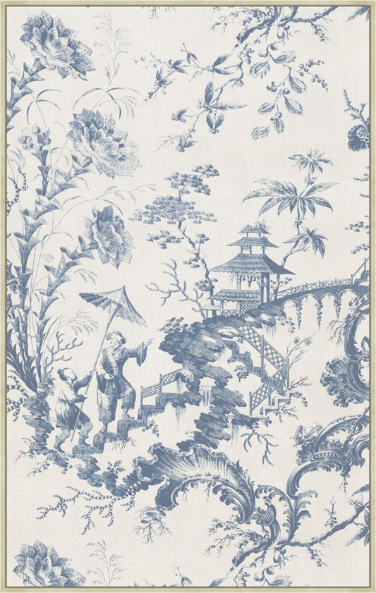 Blossoms and the Pagoda in Navy on Canvas