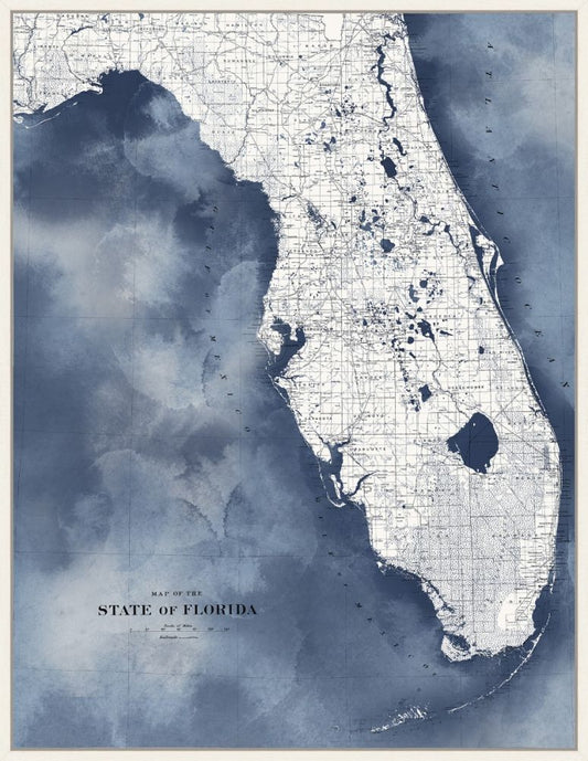 Florida Map Grande in Blue Water on Canvas with White Wash Frame