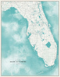 Florida Map in Aqua Water on Canvas with White Wash Frame