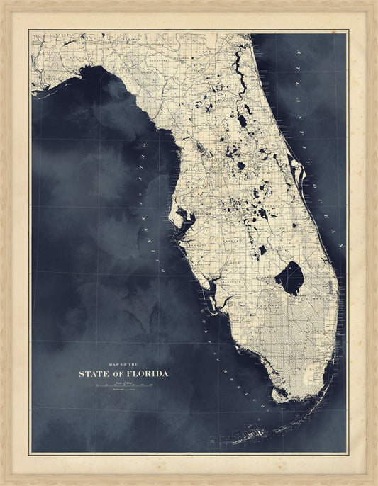 Florida Map in Dark Navy Water with Natural Frame