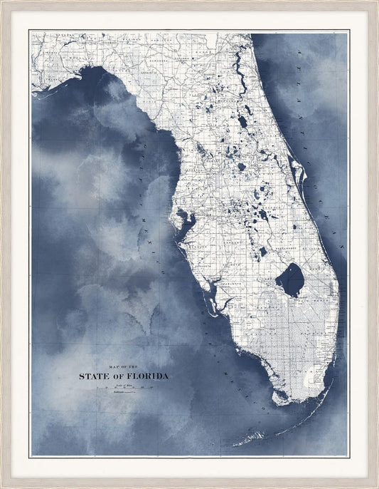 Florida Map in Blue Water with White Wash Frame