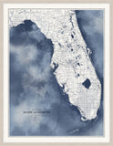 Florida Map in Blue Water with White Wash Frame