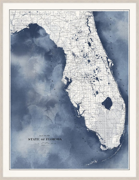 Florida Map Grande in Blue Water with White Wash Frame