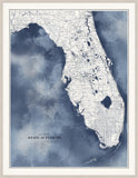 Florida Map Grande in Blue Water with White Wash Frame