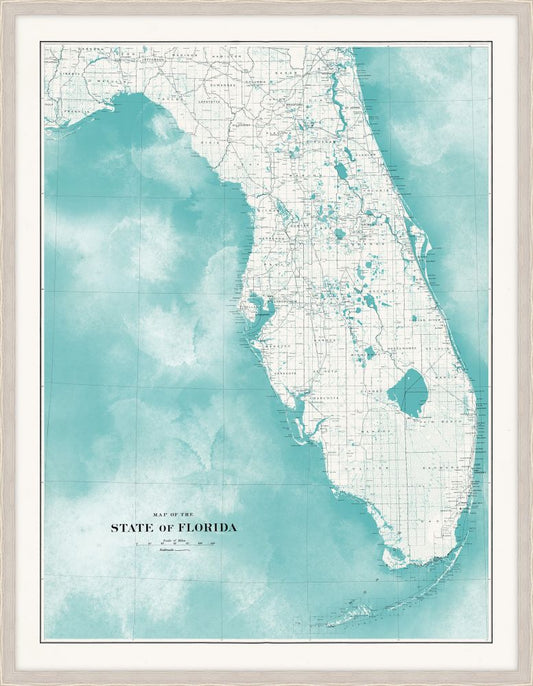 Florida Map in Aqua Water with White Wash Frame