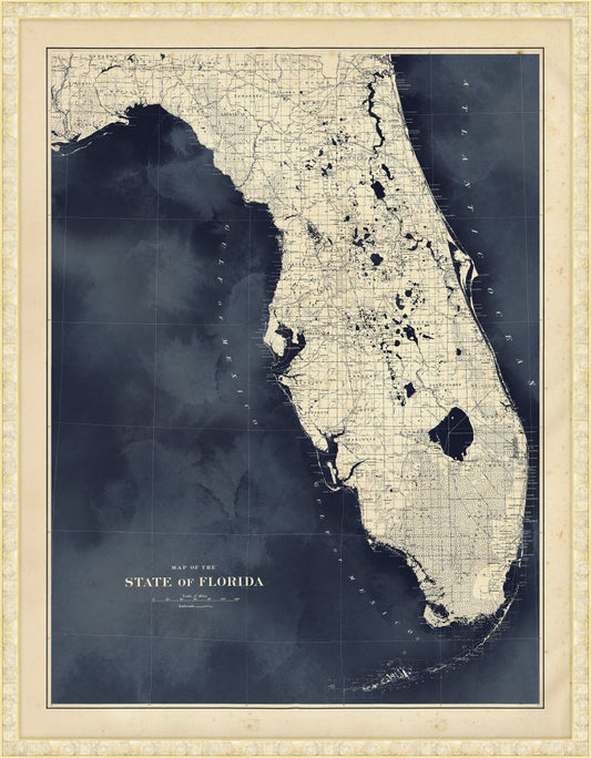 Florida Map Grande in Dark Navy Water with Pearl Frame