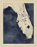 Florida Map in Dark Navy Water with Champagne Frame