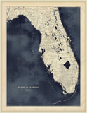 Florida Map Grande in Dark Navy Water with Champagne Frame