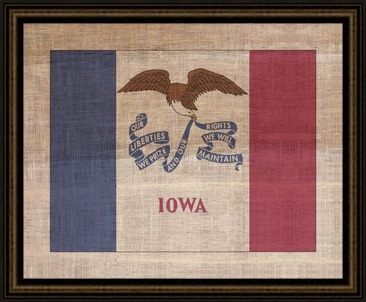 IOWA STATE FLAG ON ANTIQUE BURLAP
