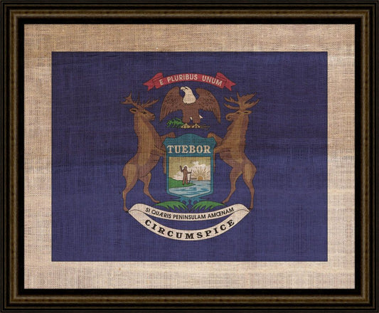 Michigan State Flag on Antique Burlap