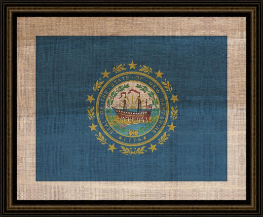 New Hampshire State Flag on Antique Burlap