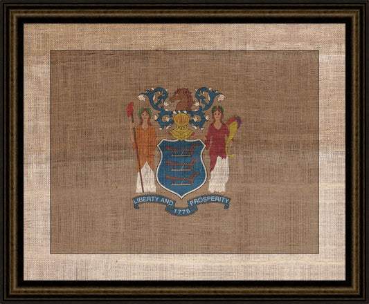New Jersey State Flag on Antique Burlap