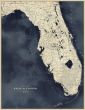 Florida Map Grande in Dark Navy Water on Canvas with Natural Frame