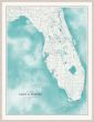 Florida Map Grande in Aqua Water with White Wash Frame